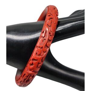 Carved Dragon & Floral Cinnabar Bangle Bracelet Scarlet Red Highly Detailed SZ8